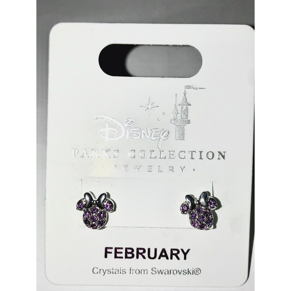 Disney Park Minnie Icon Birthstone Swarovski Crystal Earrings February NOC